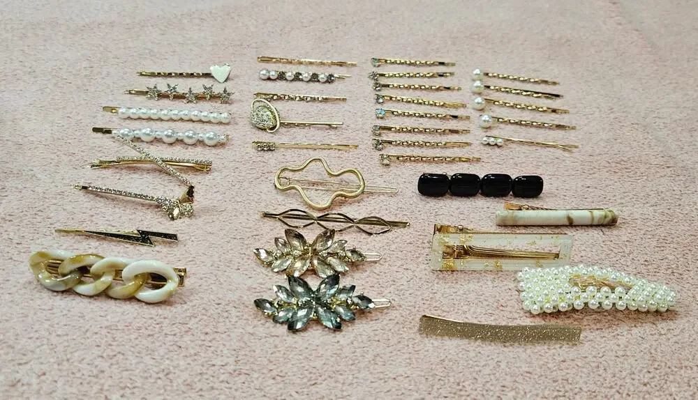 35 Assorted Set of Gold-Tone Fashion Hair Clips- Resin, Faux Pearls, & more!